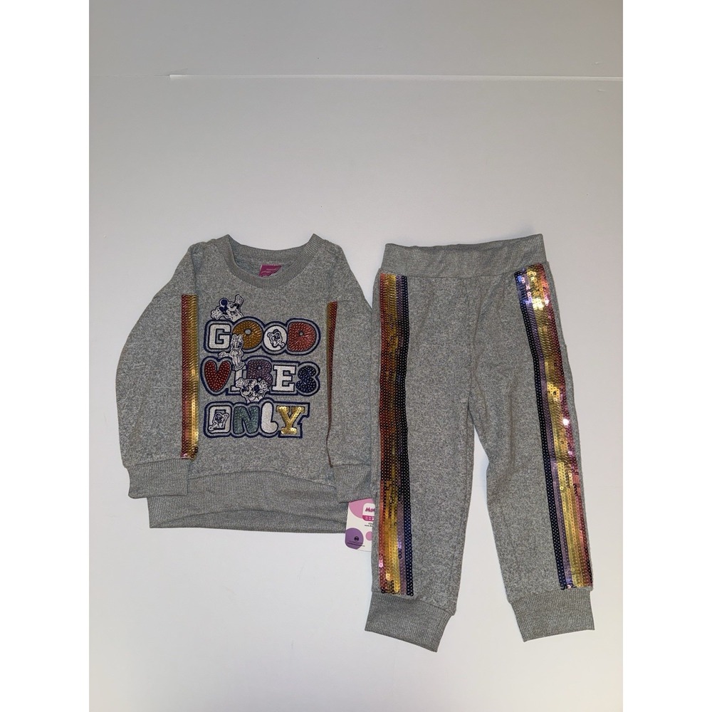 Disney Junior Girls 2T Minnie Mouse Shirt Pant Set Gray Sequin Rainbow Cute NWT